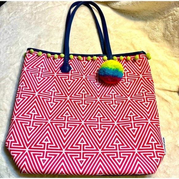 NEW Clinique + Jonathan Adler Tote Bag Large Pink White Geometric pattern Poms - Picture 1 of 15